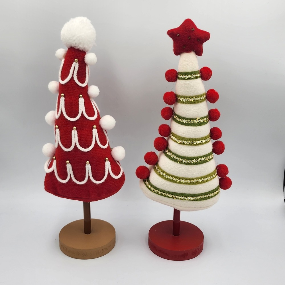 Fabric Christmas Tree Decor Set Red White Pom Pom Whimsical Holiday 14" 2 Pc